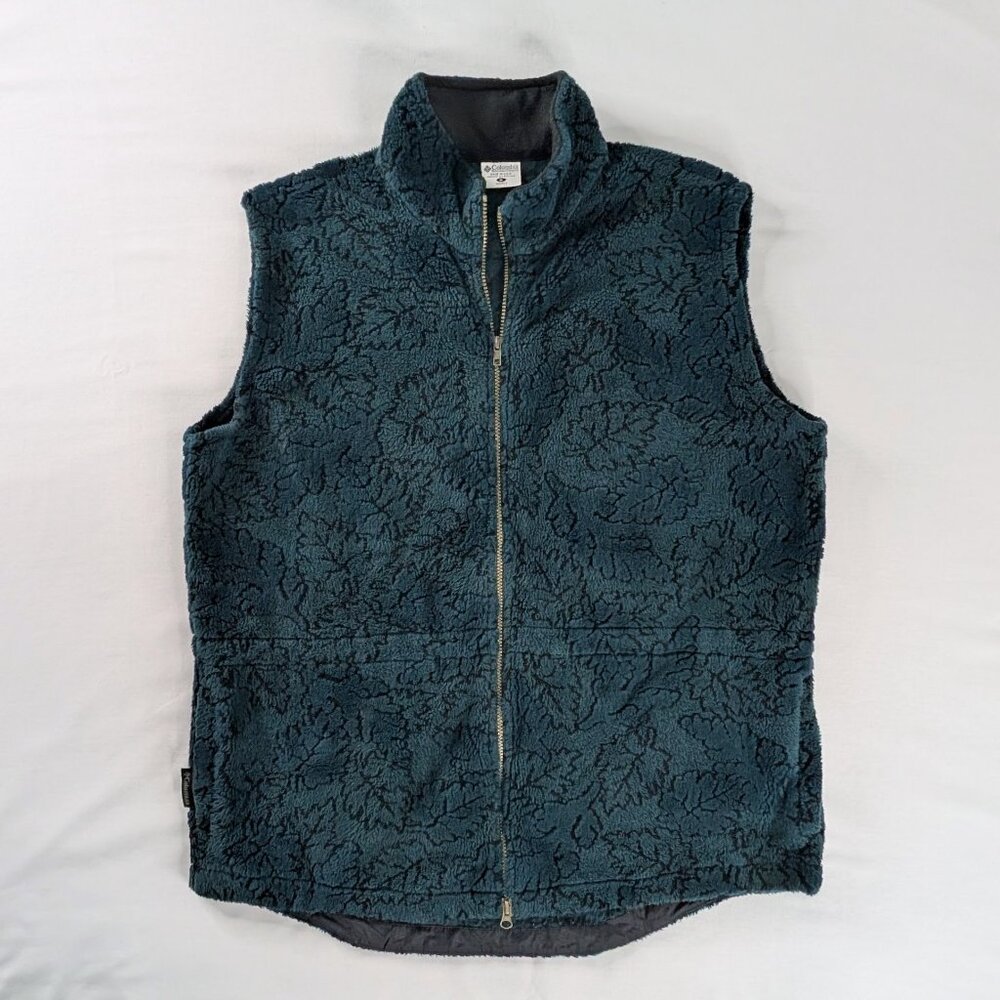 VTG Columbia Teal High Pile Fleece Leaves Embossed Zip Up Long Length Vest Gorp